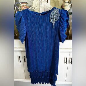 Patra Royal Blue Women’s 80s Ruffle Shoulder Crinkle Material Dress